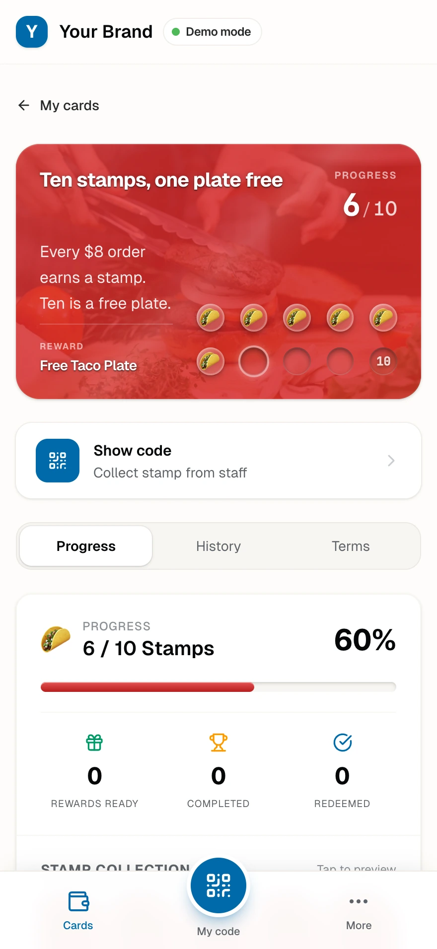 The Taco Ten stamp card at six of ten stamps