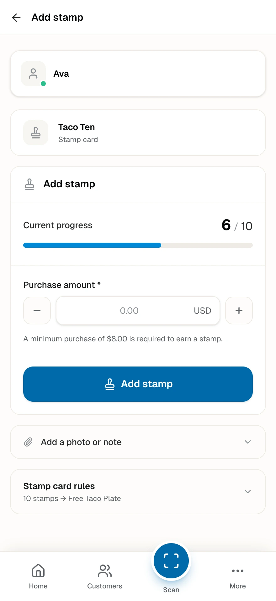 The window-side add-stamp screen with the order total field